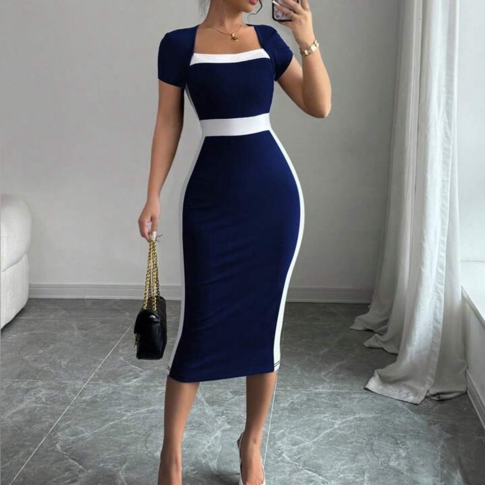 Navy blue & White Square Neck Dress